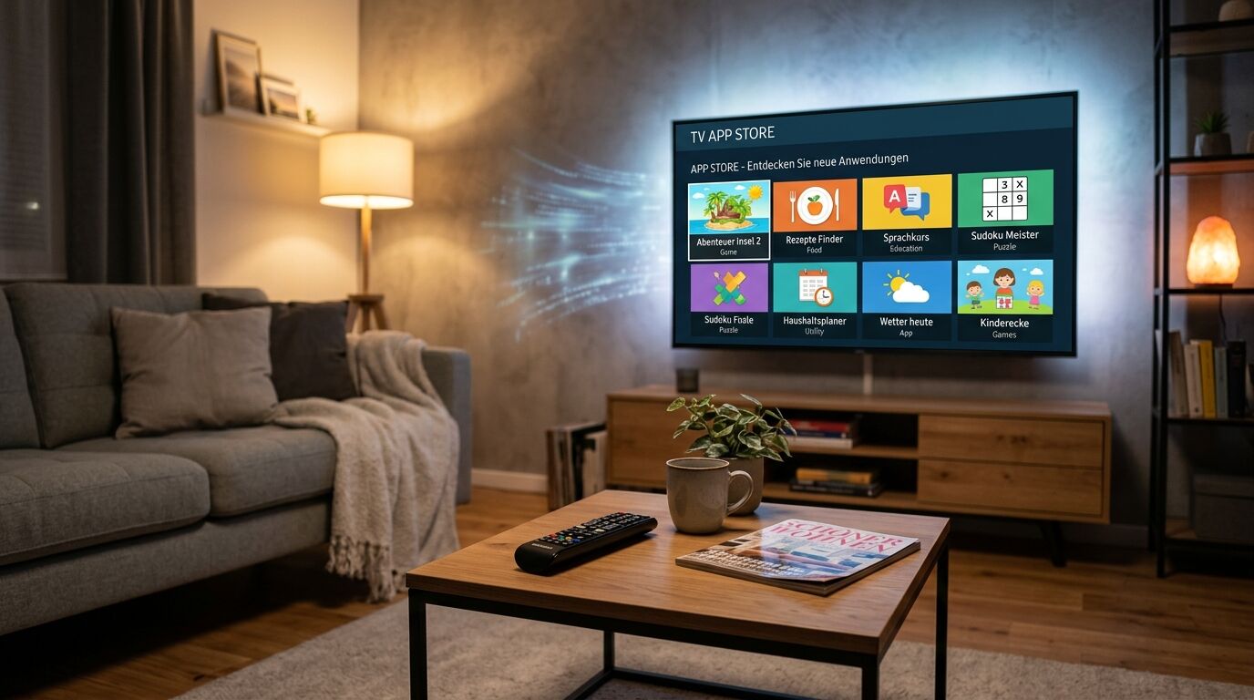Wohnzimmer mit Sofa, Couchtisch, Fernseher mit App-Store-Menü und Ambilight-Hintergrundbeleuchtung