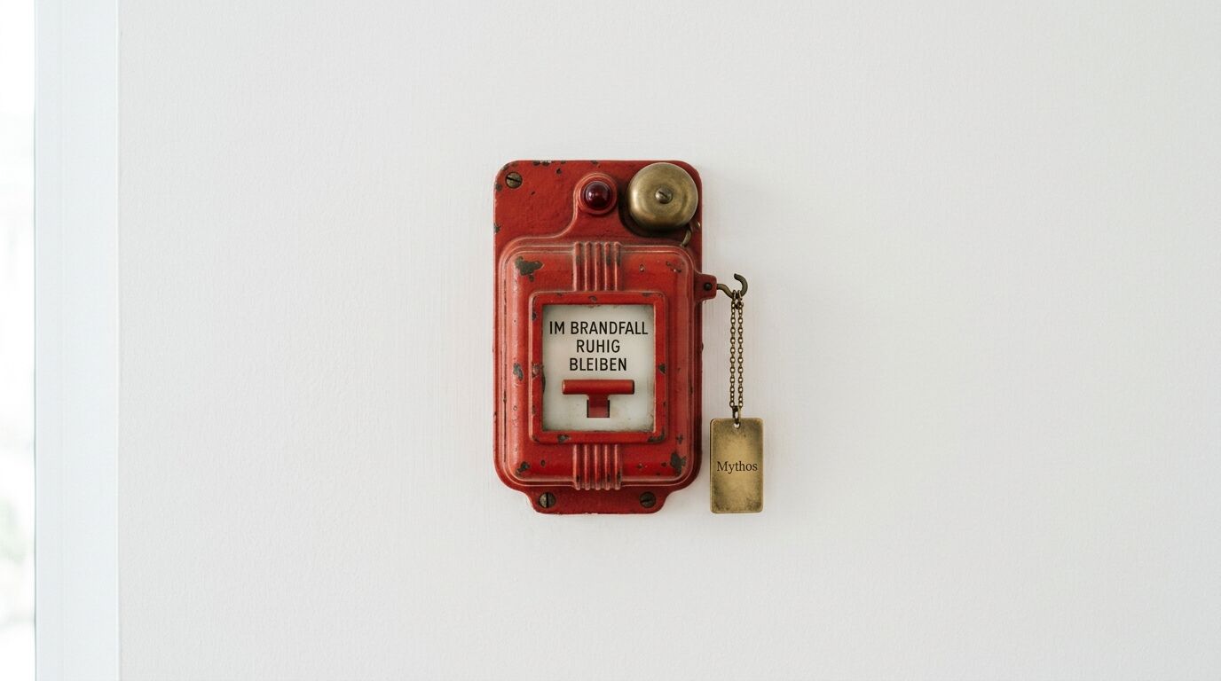 Ein roter Feuermelder mit einer Klingel, einem Textschild und einer 