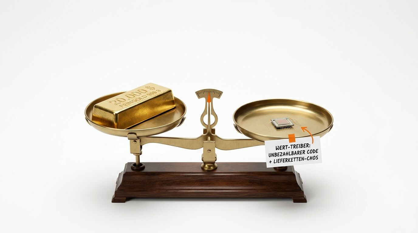Eine Waage mit einem Goldbarren links und einem Mikrochip rechts, beide in Balance