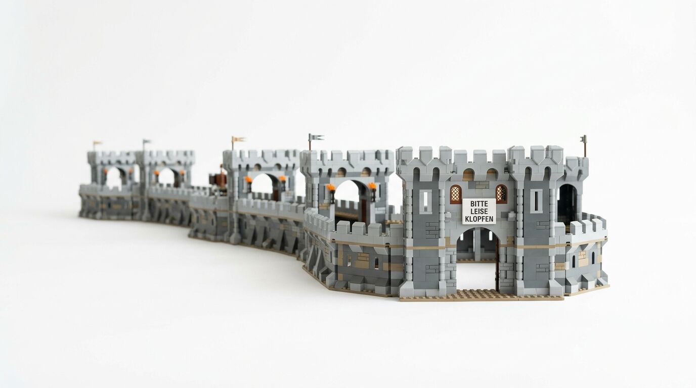 Eine Lego-Burgmauer mit einem Schild 