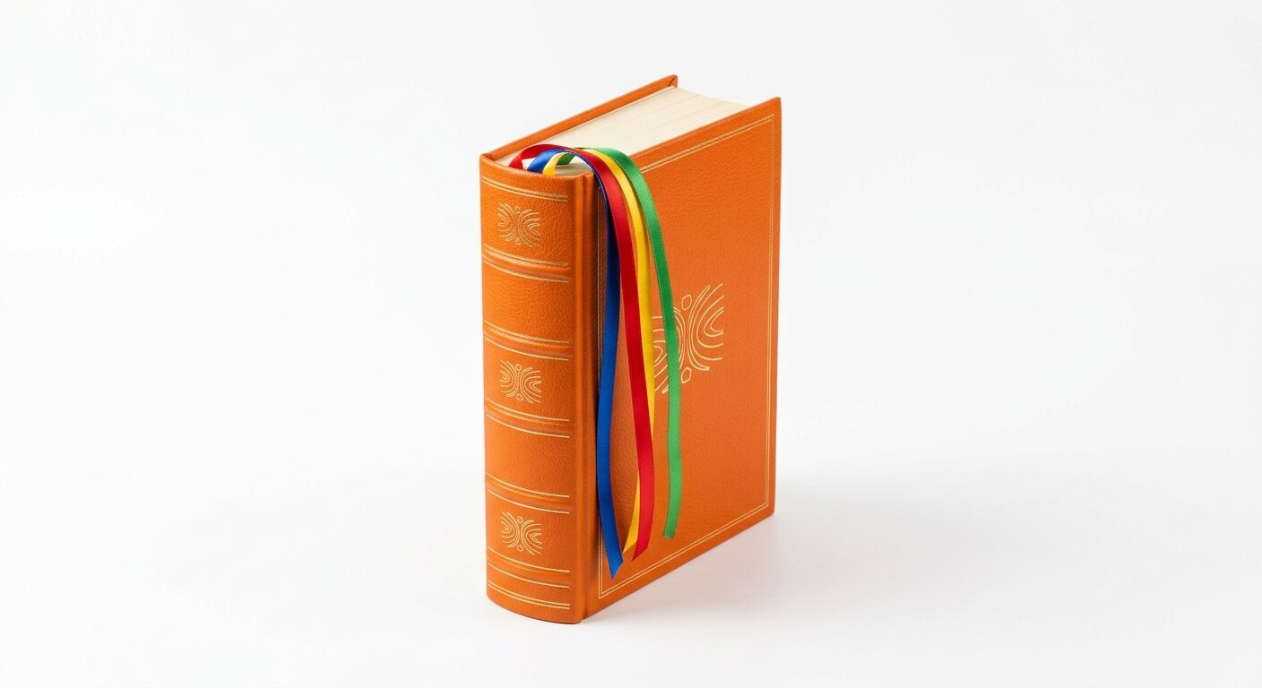 Oranges Lederbuch mit Goldprägung und bunten Lesebändchen auf weißem Grund