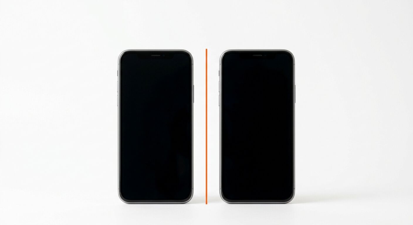 Zwei silberne Smartphones mit schwarzem Display vor weißem Hintergrund, getrennt durch eine orange Linie