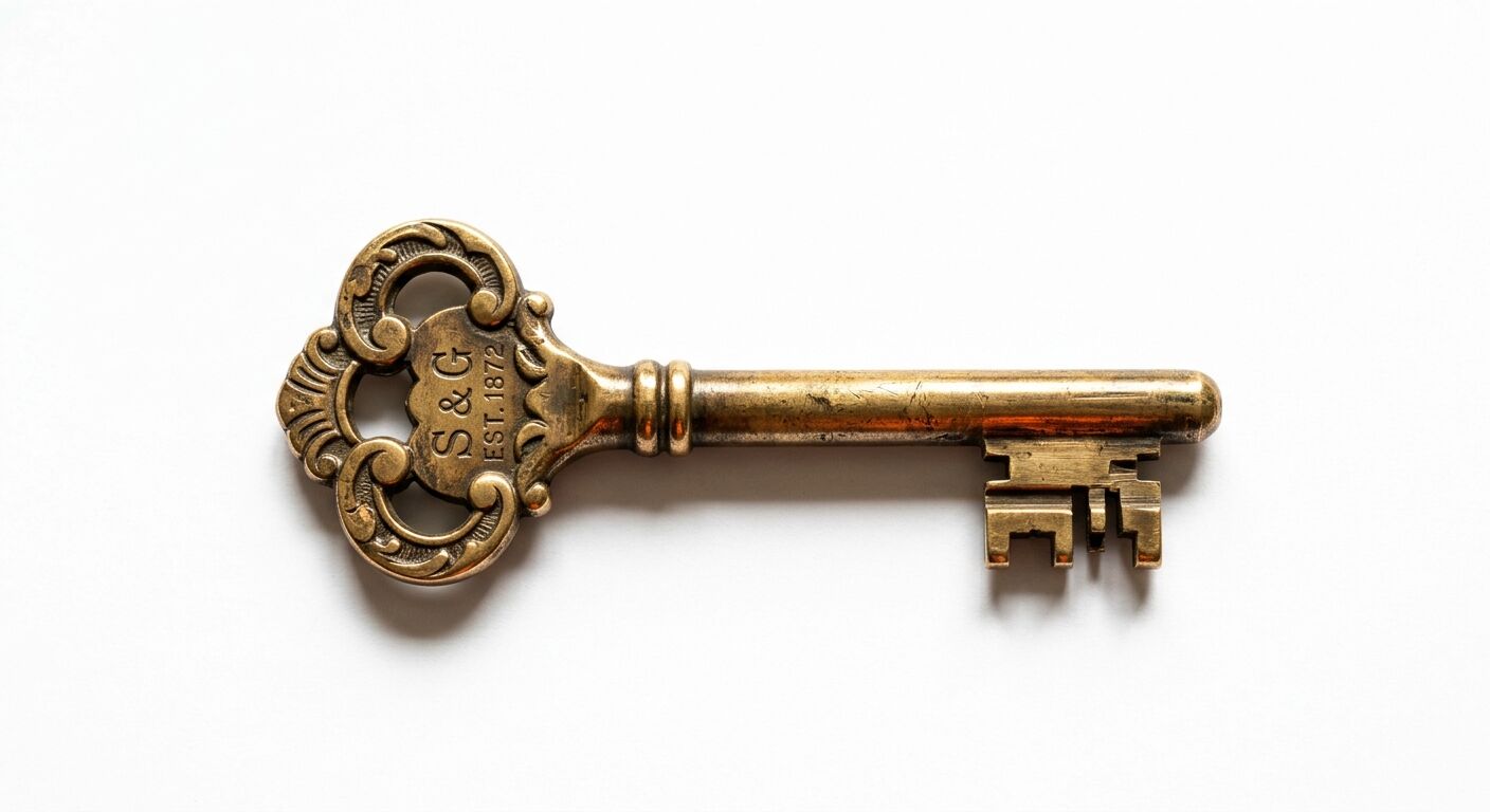 Vintage Messingschlüssel mit Prägung „S&G EST. 1872“ und Ornamentgriff auf weißem Grund