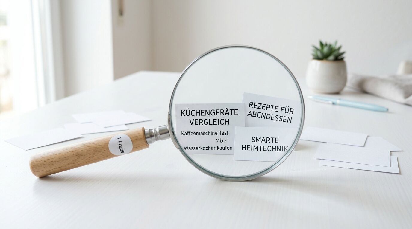 Eine Lupe vergrößert Textkärtchen zu Haushalts- und Smart-Home-Themen auf einem hellen Schreibtisch