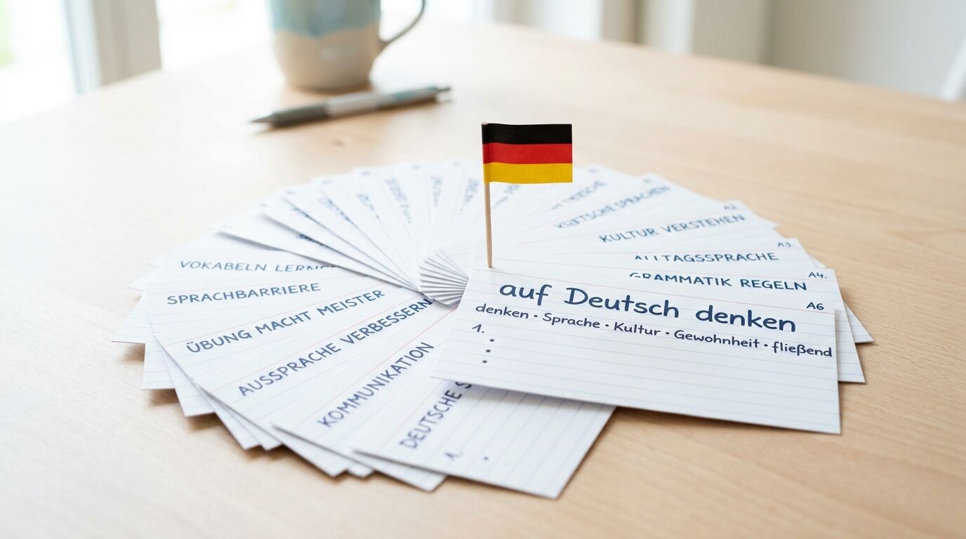 Lernkarten mit deutschen Texten zum Sprachenlernen und eine kleine Deutschlandfahne