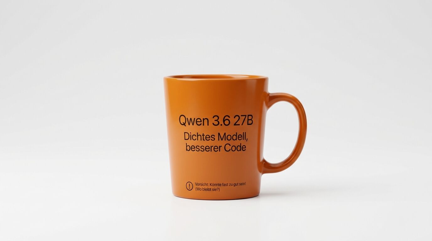Ein orangefarbener Becher mit Text in deutscher Sprache auf weißem Hintergrund steht in der Mitte des Bildes