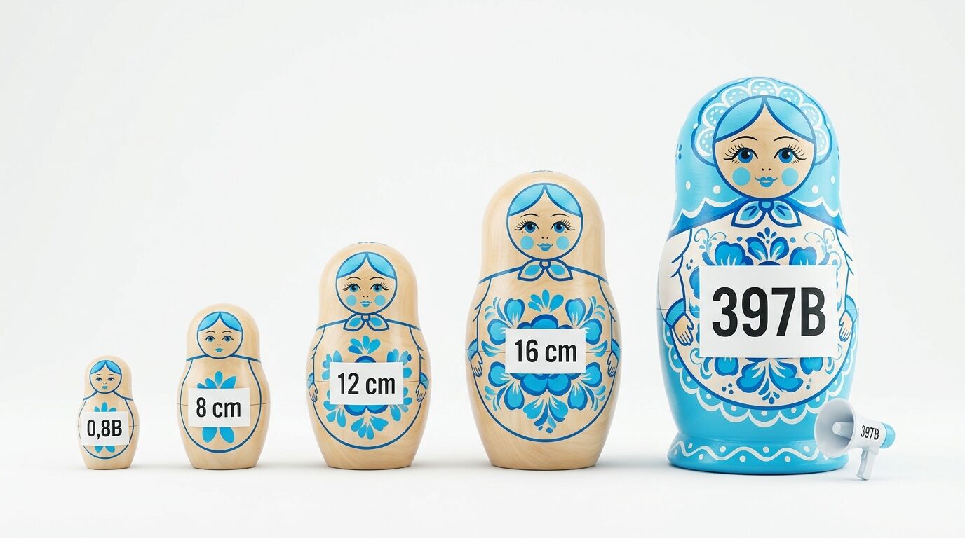Fünf Matrjoschkas in aufsteigender Größe mit Größen- und Zahlendaten, Megafon