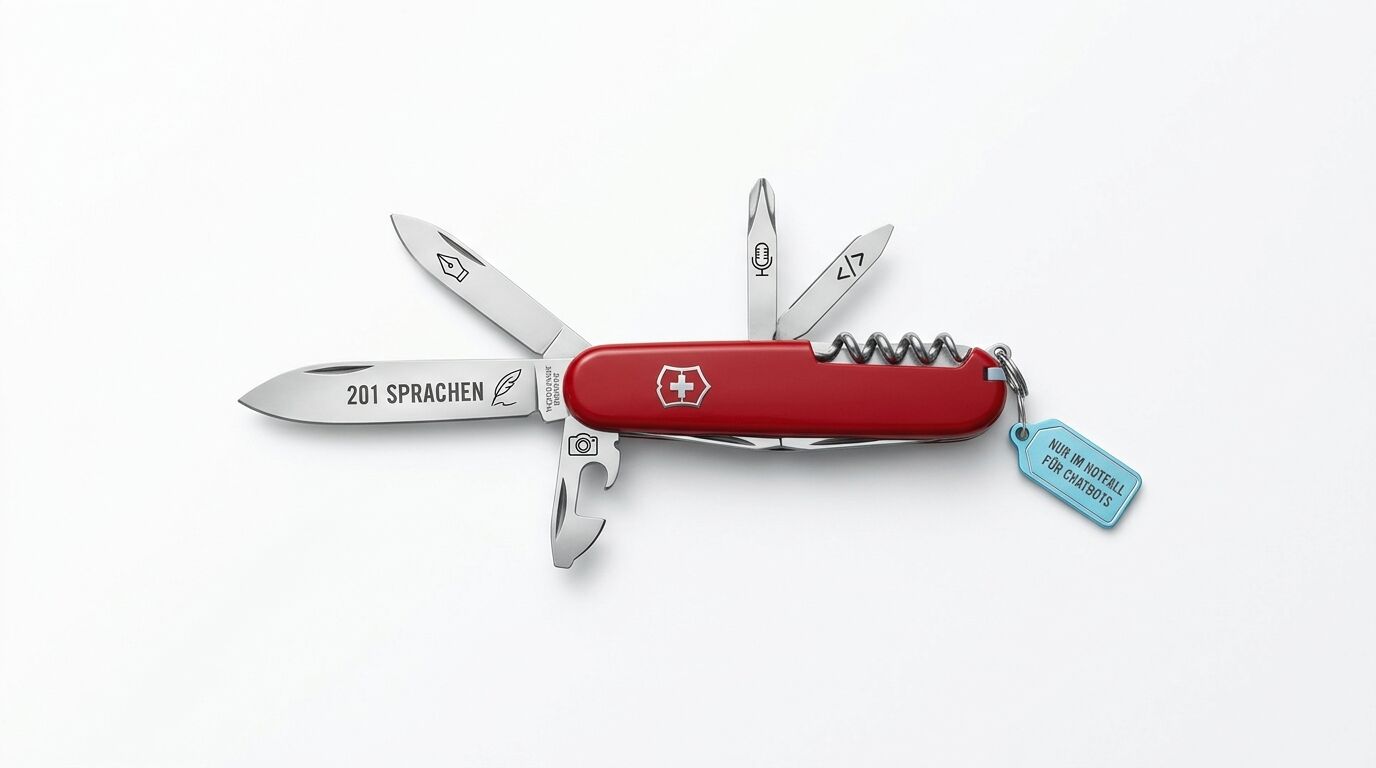 Rotes Schweizer Taschenmesser mit Symbolen, Text und blauem Anhänger auf weißem Grund