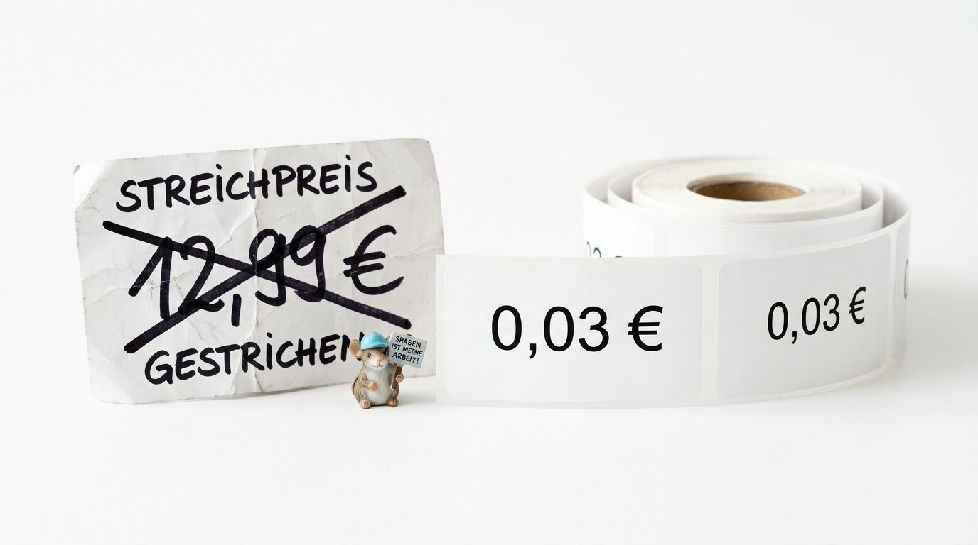 Mausfigur zwischen Streichpreis-Zettel und Etikettenrolle mit Preis 0,03€