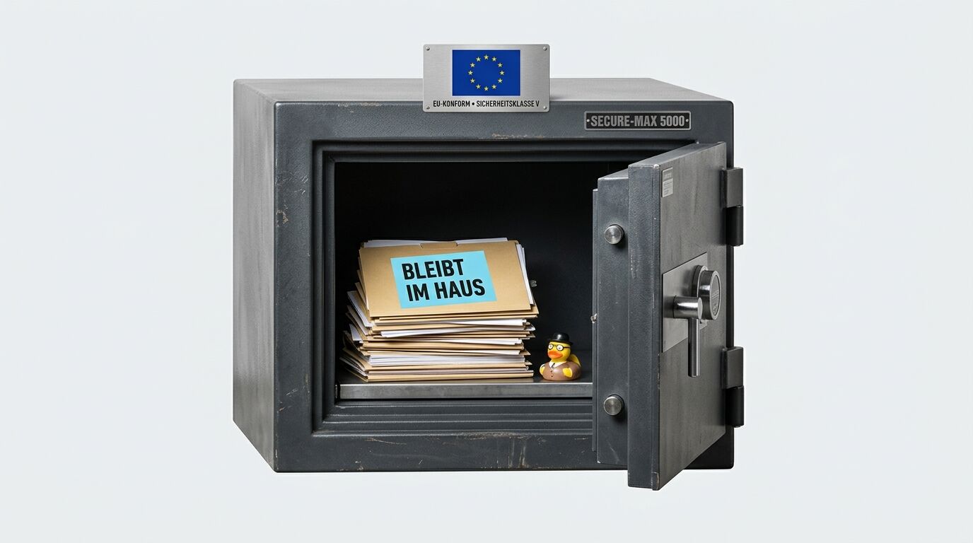 Geöffneter Safe mit Akten, Aufkleber „BLEIBT IM HAUS“, Quietscheente und EU-Schild
