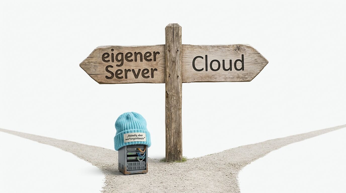 Wegweiser zeigt „eigener Server“ und „Cloud“, davor kleiner Server mit blauer Mütze
