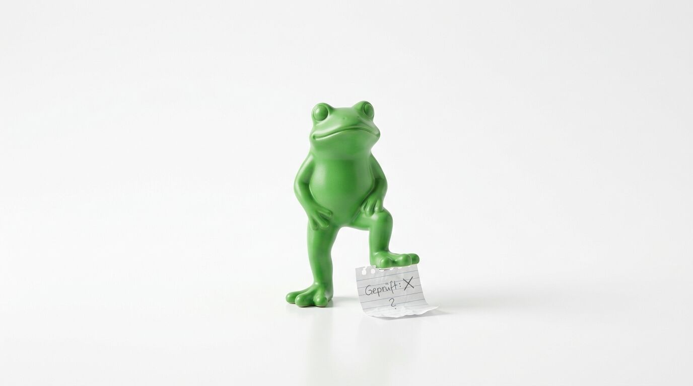 Grüne Froschfigur steht mit einem Fuß auf einem kleinen Notizzettel mit dem Text „Geprüft: X ?“ vor weißem Hintergrund