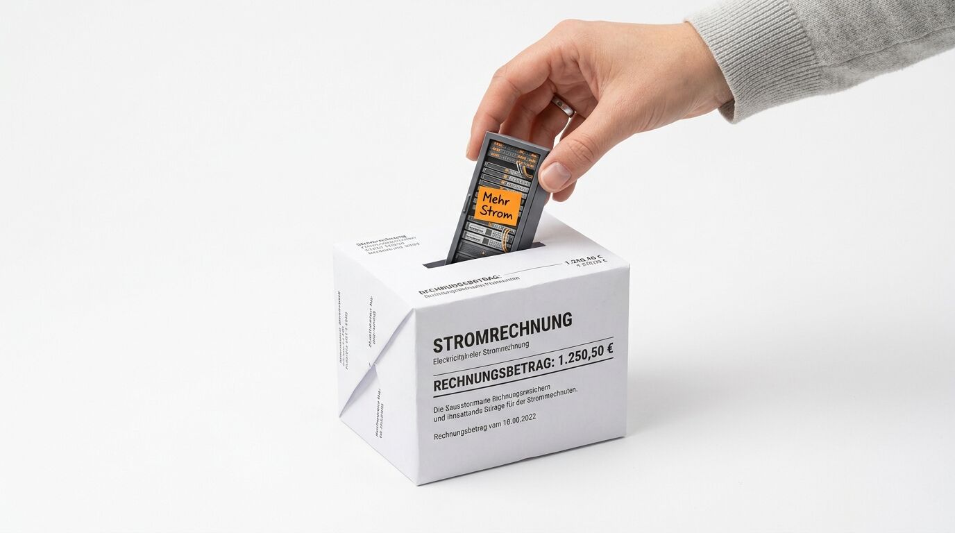 Hand wirft Miniatur-Serverrack in Würfel-Stromrechnung