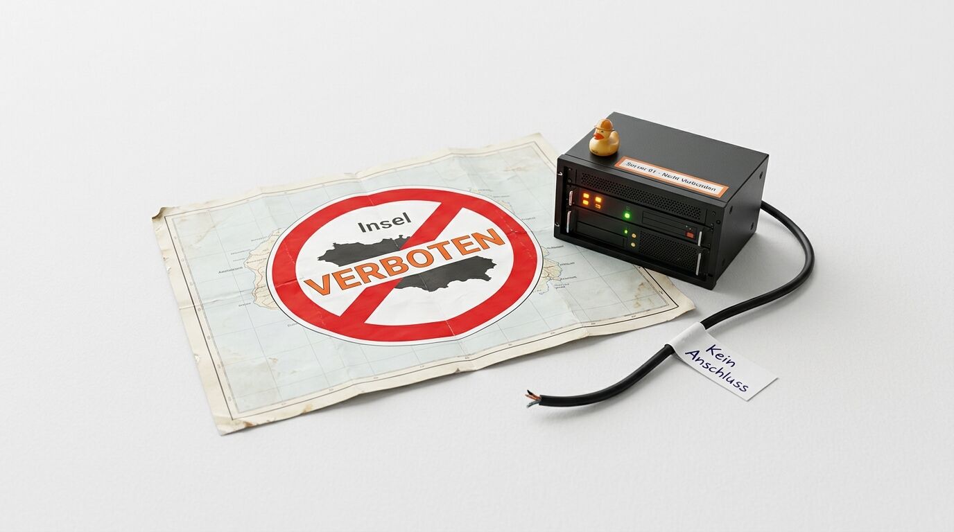 Karte mit Verbotszeichen neben Mini-Server, Gummiente und unangeschlossenem Kabel