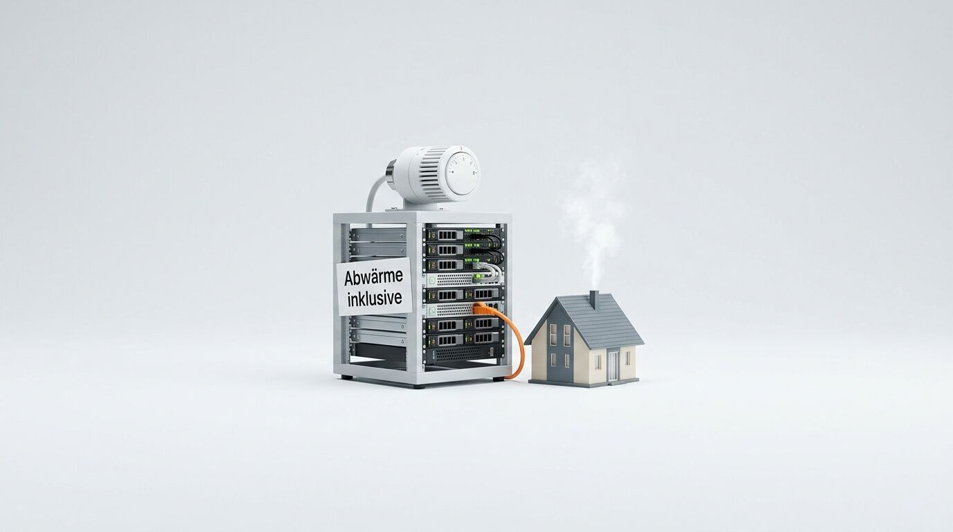 Server-Rack mit Thermostat und Heizungskabel zu einem Modellhaus mit Dampfwolke