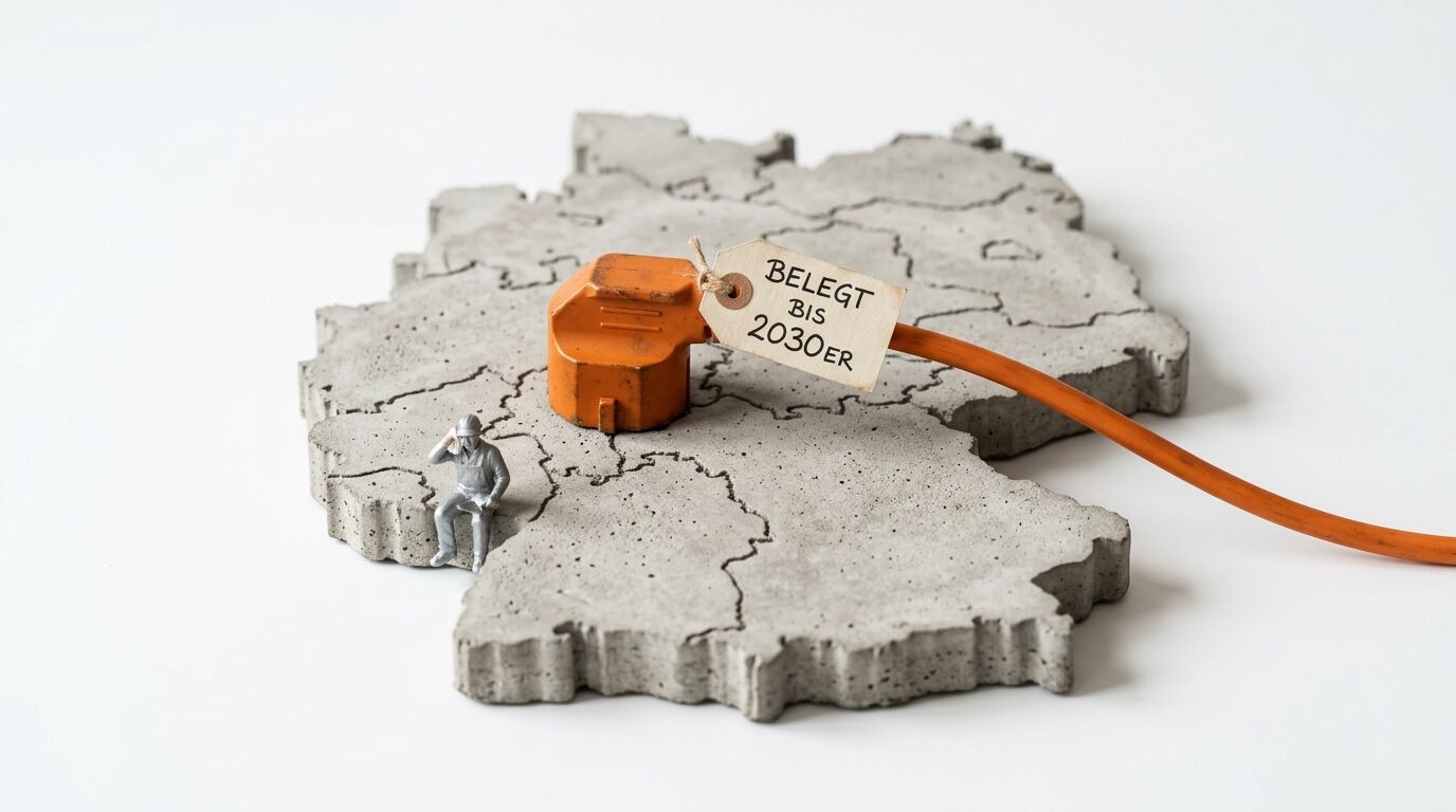 Beton-Deutschlandkarte, orangefarbener Stecker, Schild „BELEGT BIS 2030ER“, Mini-Handwerkerfigur