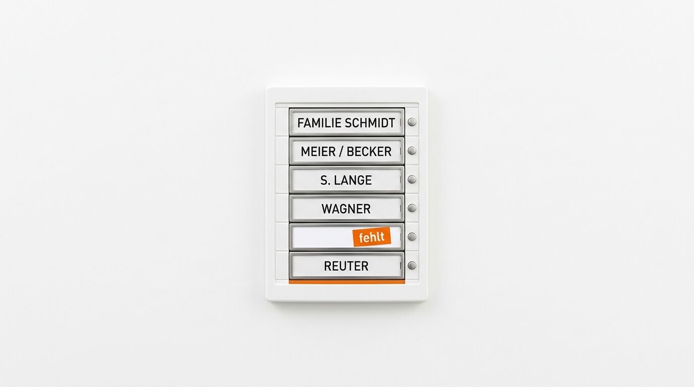 Sechs Namensschilder auf Klingel, das vorletzte leer mit orangefarbenem „fehlt“-Aufkleber