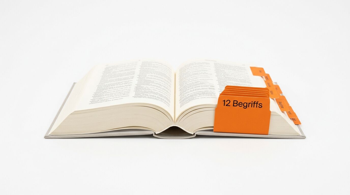Offenes Buch mit orangefarbenen Trennblättern und Text „12 Begriffs“ auf weißem Hintergrund