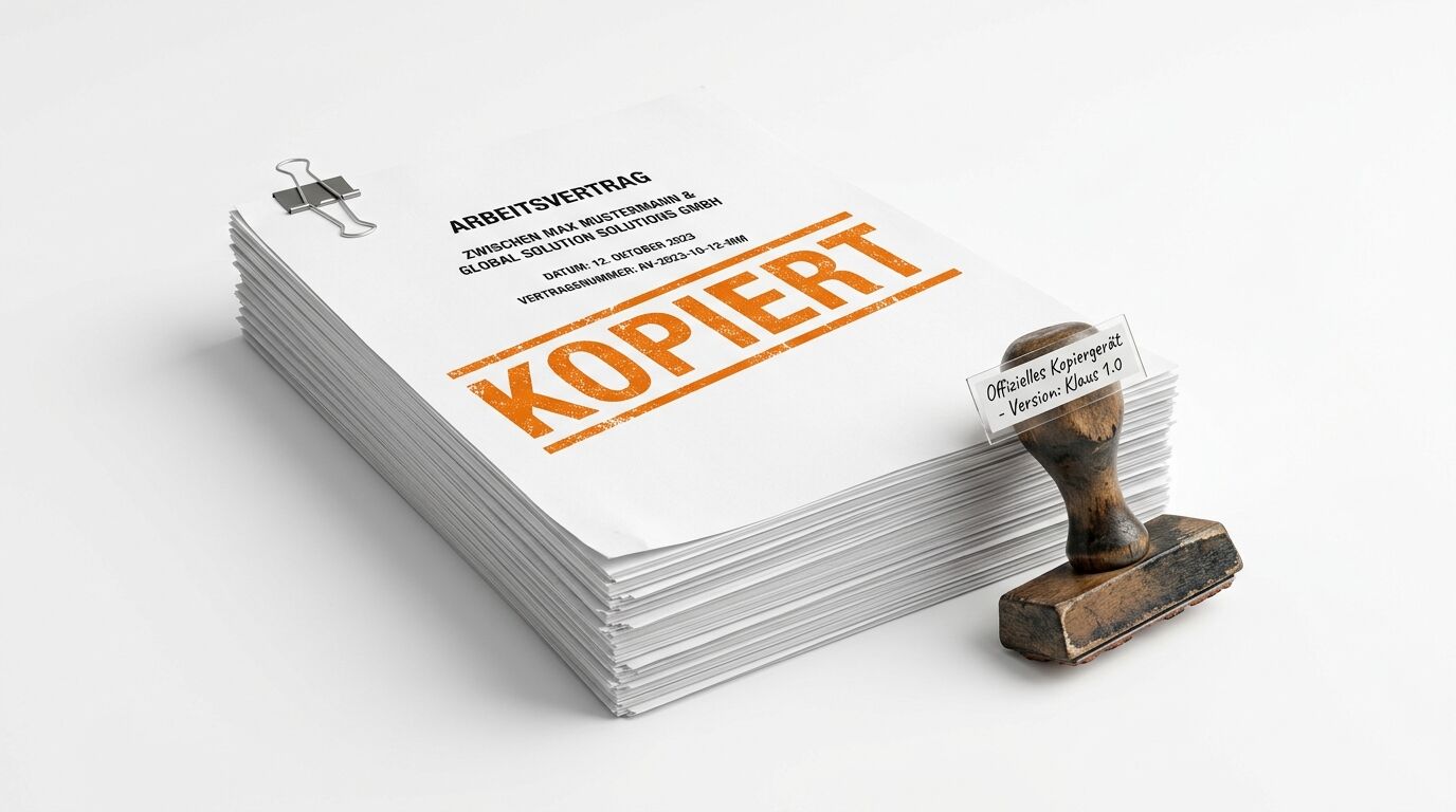 Ein Stapel Papier mit Stempelaufdruck „KOPIERT“ und ein Holzstempel daneben