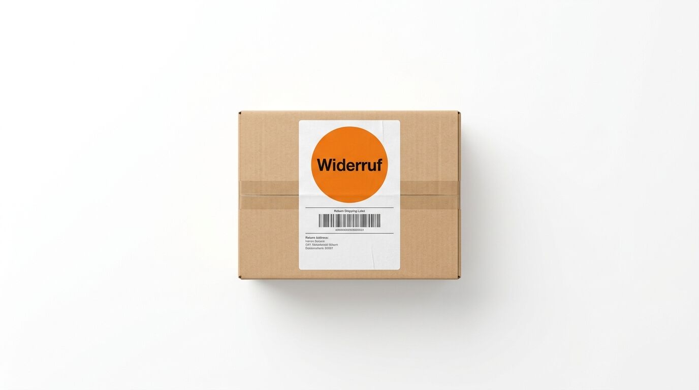 Karton mit Retourenlabel, orangefarbenem Kreis und dem Wort „Widerruf“ in der Mitte