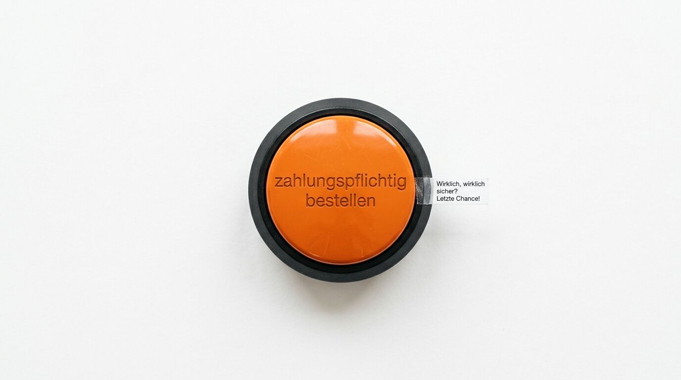 Draufsicht auf einen orangefarbenen Bestellbutton mit Aufschrift und Zettel