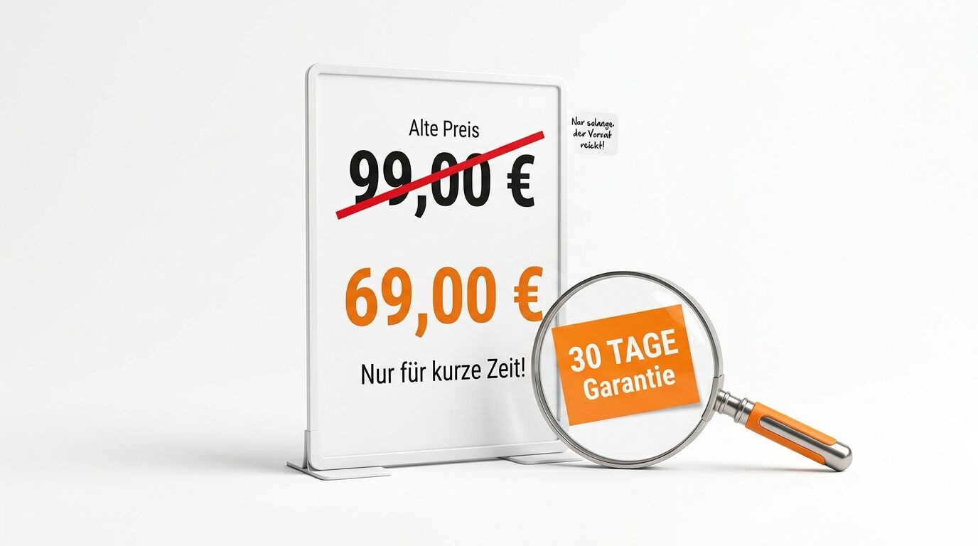 Preisschildreduzierung auf 69 Euro mit Garantie-Lupenhinweis