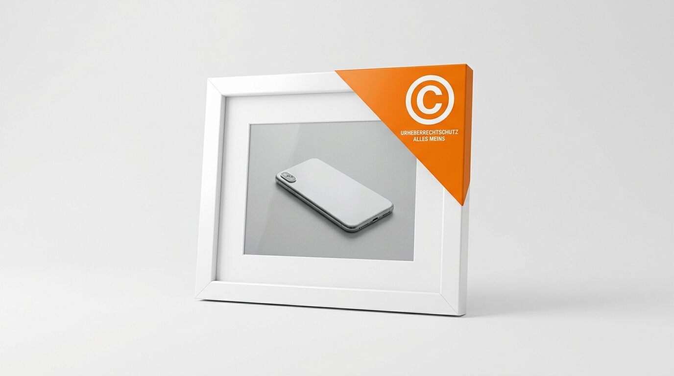 Ein weißer Bilderrahmen, darin ein Foto eines Smartphones, mit einer orangen Copyright-Ecke oben rechts