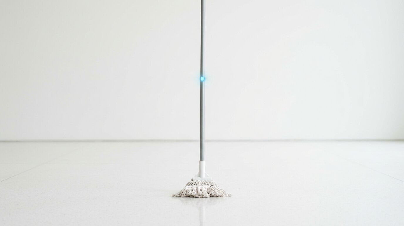 Ein Wischmopp mit grauem Stiel und blauem Licht steht auf weißem Fliesenboden vor weißer Wand