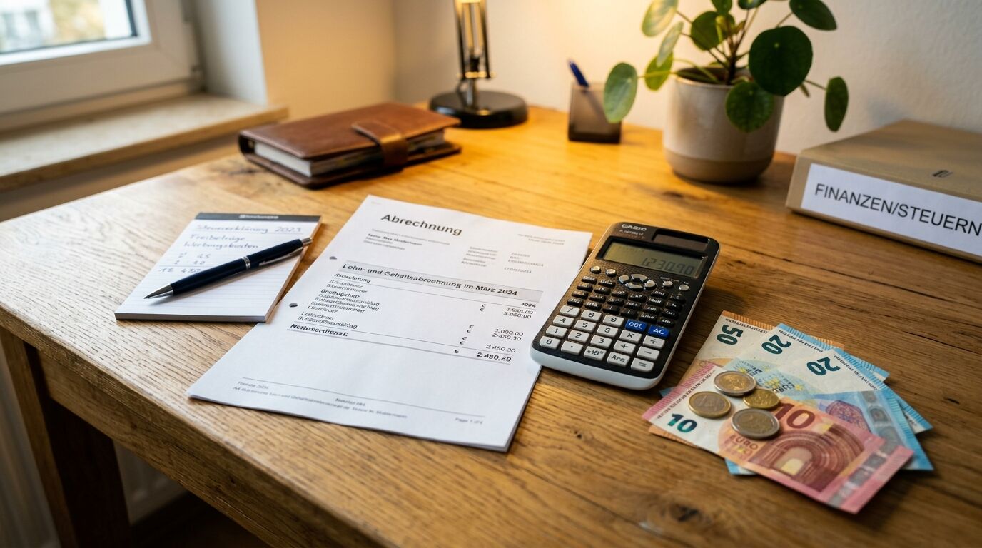 Lohnabrechnung, Taschenrechner und Bargeld auf Holztisch