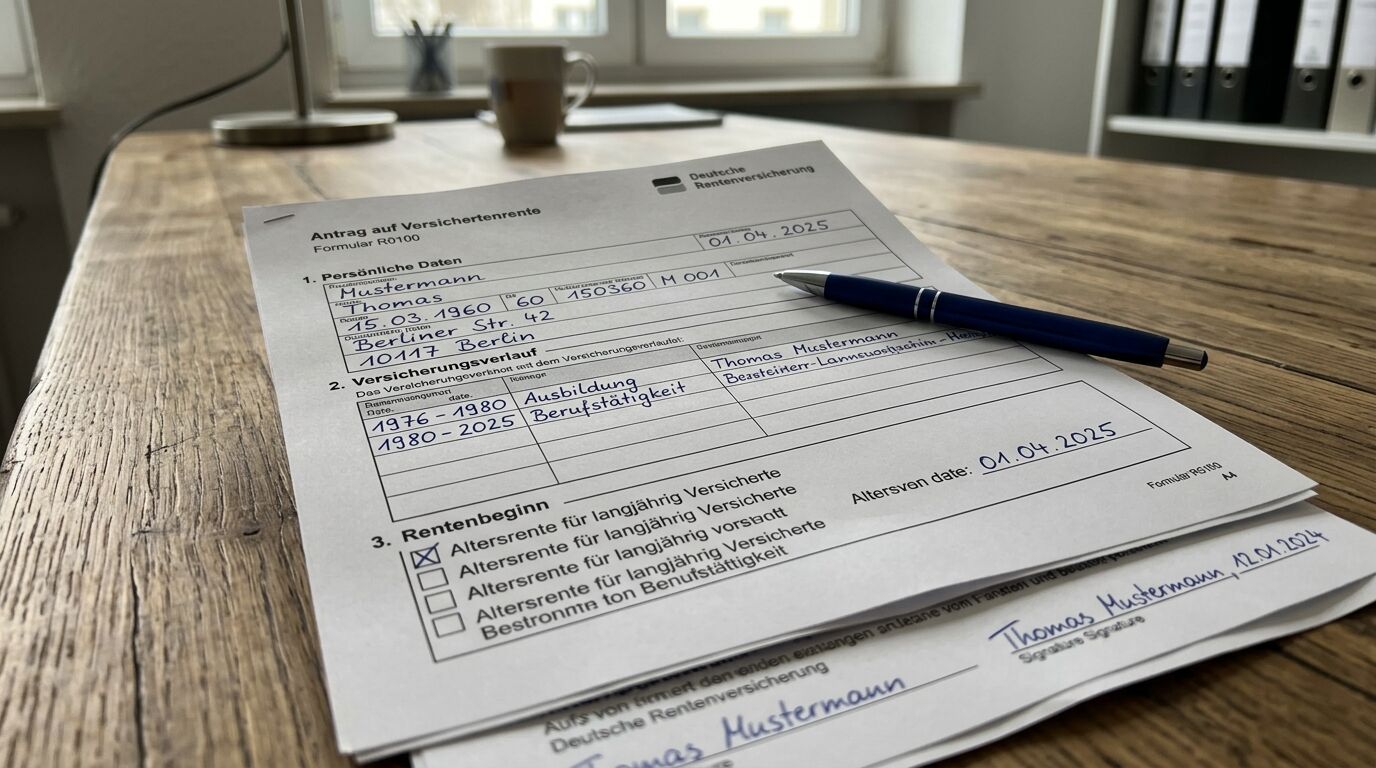 Ein ausgefüllter Rentenantrag der Deutschen Rentenversicherung liegt mit Kuli auf Holztisch