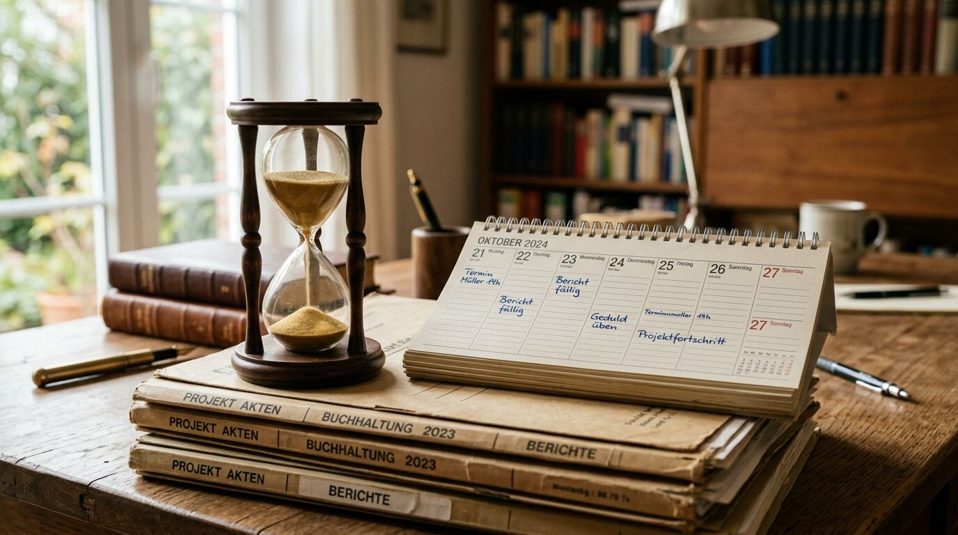 Schreibtischszene mit Sanduhr, Kalender (Oktober 2024) auf Aktenstapel, umgeben von Stiften und Büchern