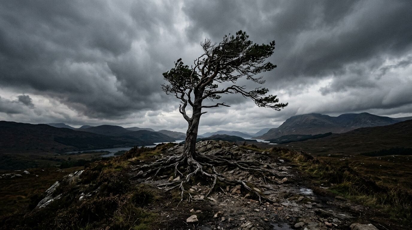 Ein windschiefer Baum mit sichtbaren Wurzeln steht auf einem Hügel vor Bergen und dunklen Wolken