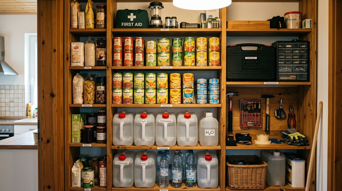 Vorratsregal mit Lebensmittelvorräten, Wasserkanistern, Werkzeug und Erste-Hilfe-Set
