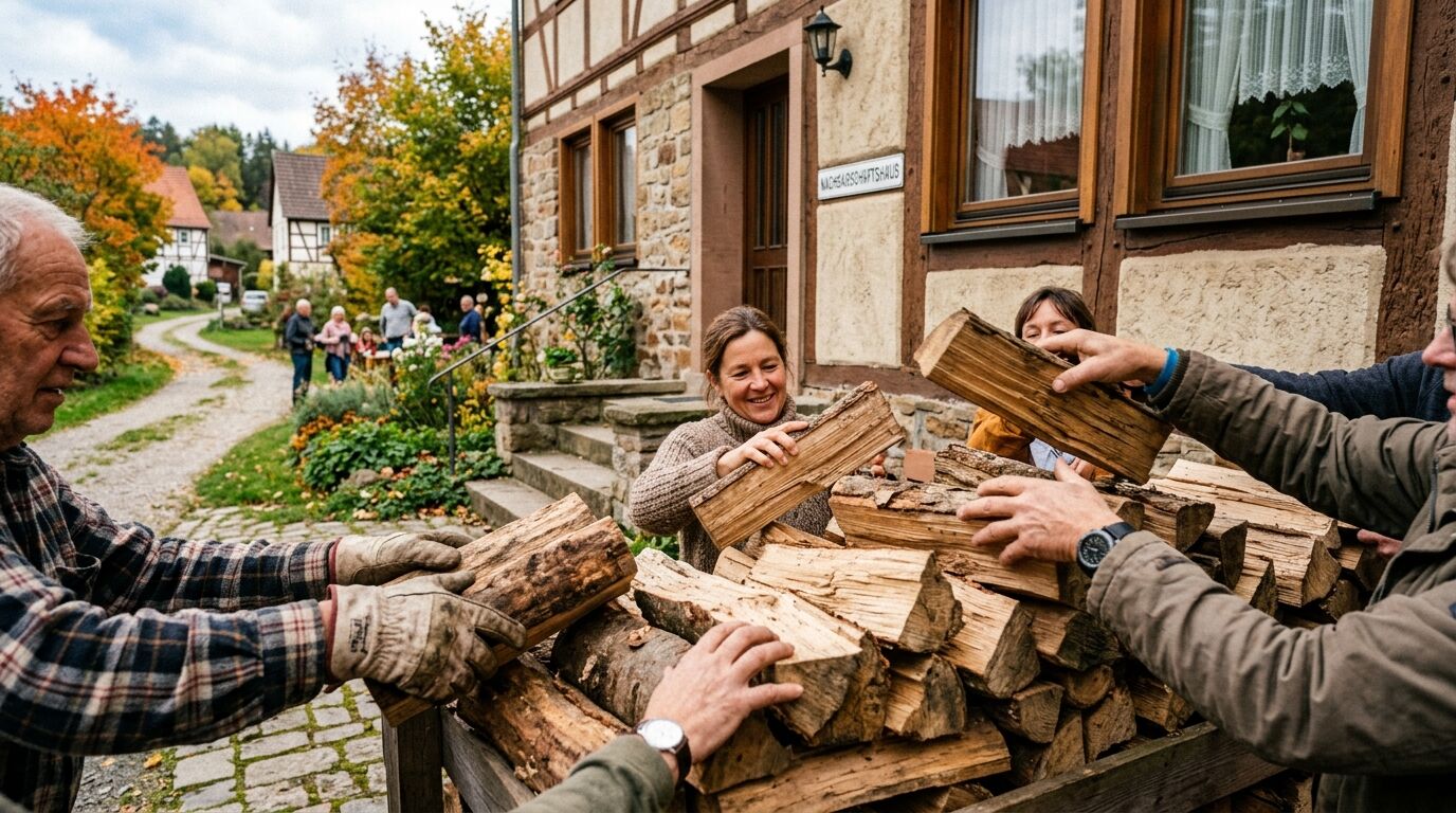 Mehrere Personen stapeln Brennholz vor einem Fachwerkhaus in ländlicher Umgebung