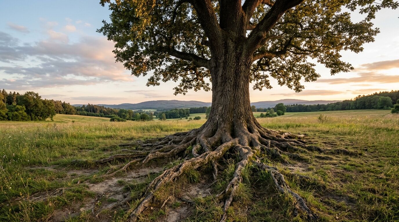 Alte Eiche mit freiliegenden Wurzeln auf einer Wiese im Abendlicht vor Hügeln