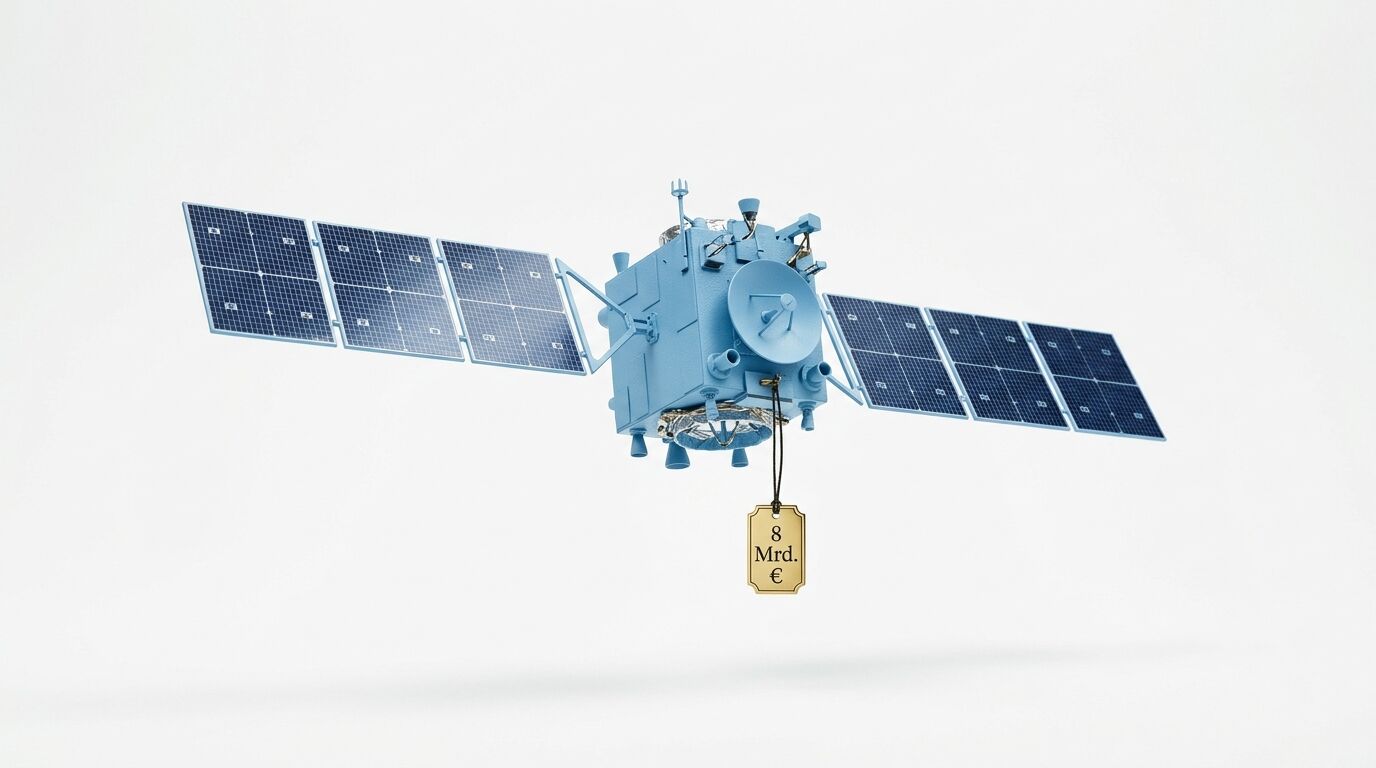 Ein hellblauer Satellit mit Solarpaneelen und einem Anhänger mit „8 Mrd. €“ vor weißem Hintergrund
