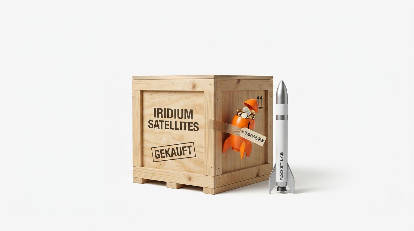 Holzkiste mit Aufschrift, Sparschweinrakete mit Münzen, daneben Raketenmodell auf weißem Grund
