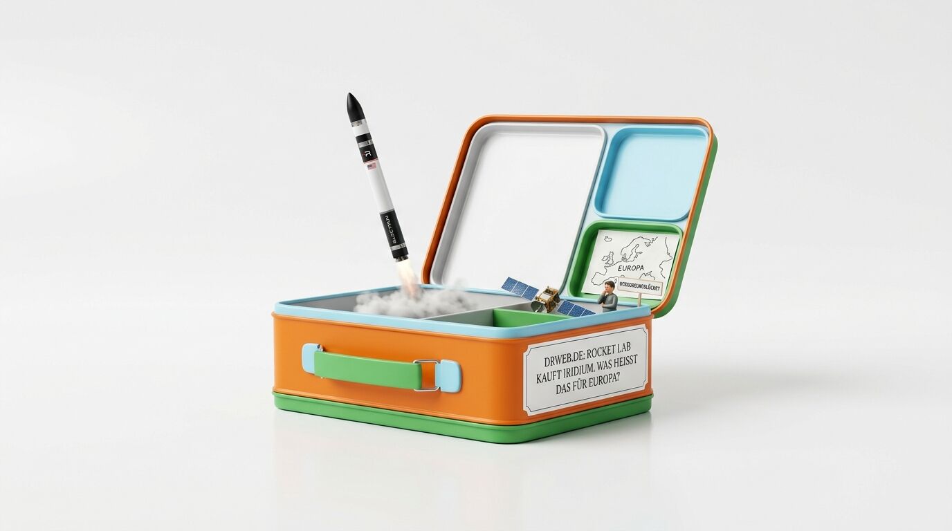 Eine geöffnete Lunchbox-Diorama zeigt eine Rakete beim Start, einen Satelliten, eine Europa-Karte und einen Text über Rocket Lab