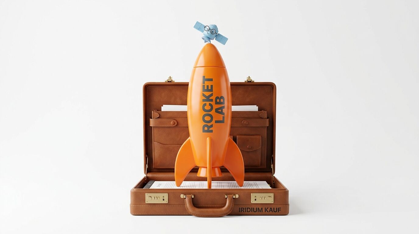 Eine orangefarbene Rakete mit Satellitenfigur steht in einem geöffneten Aktenkoffer