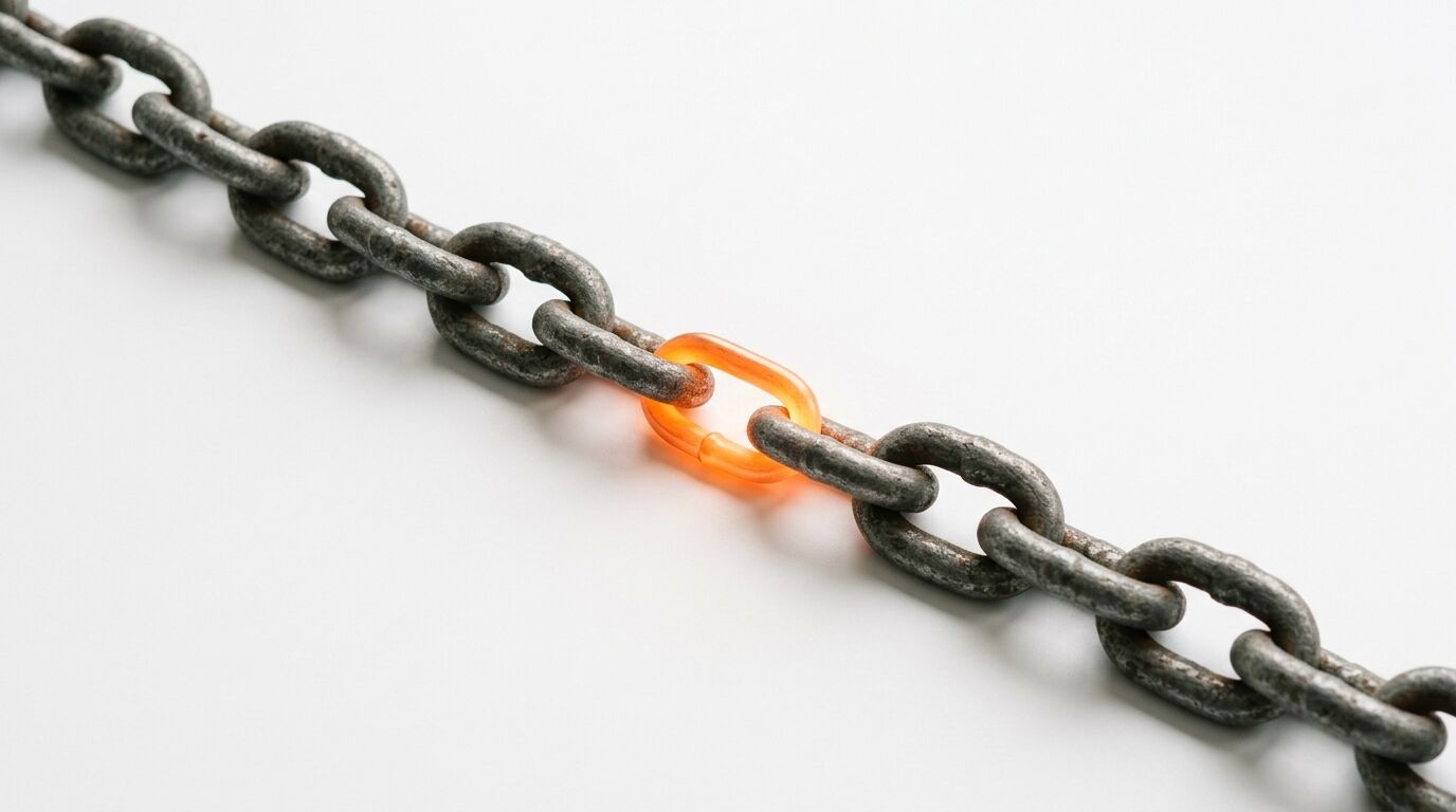 Graue Metallkette diagonal auf weiß, ein Glied leuchtet hellorange