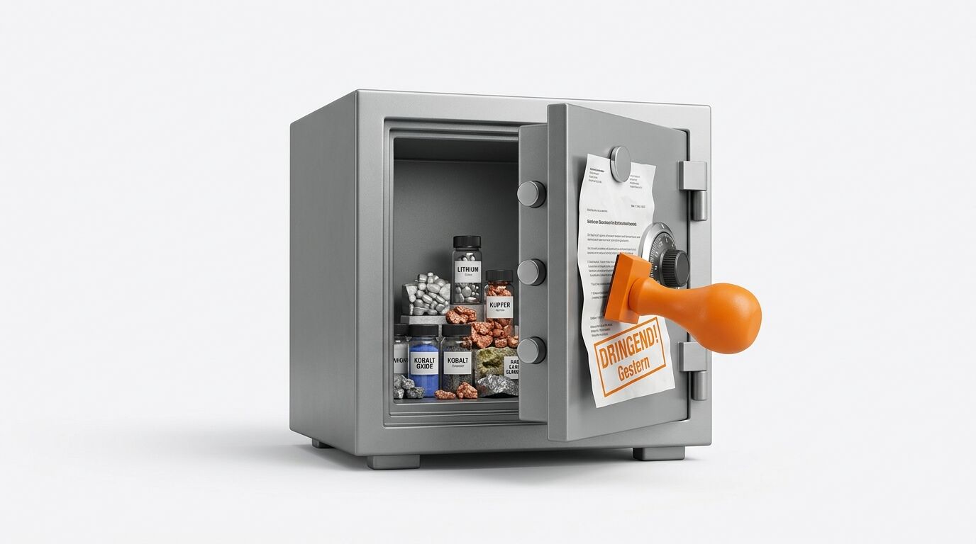 Geöffneter Tresor mit Rohstoffgläsern, orangefarbenem Stempel auf einem Papier an der Tür