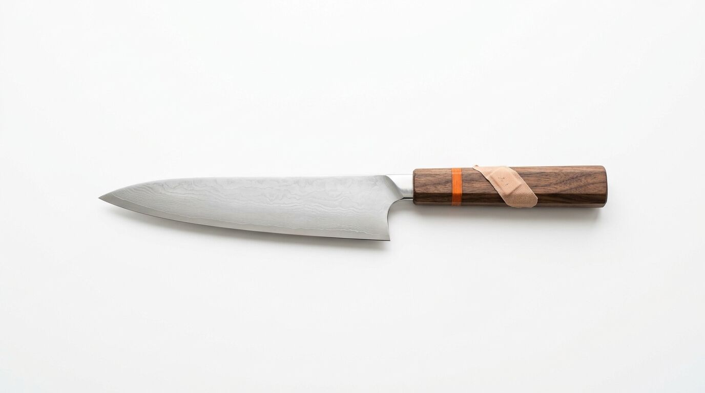 Damastmesser mit Holzgriff und Pflaster auf weißem Grund