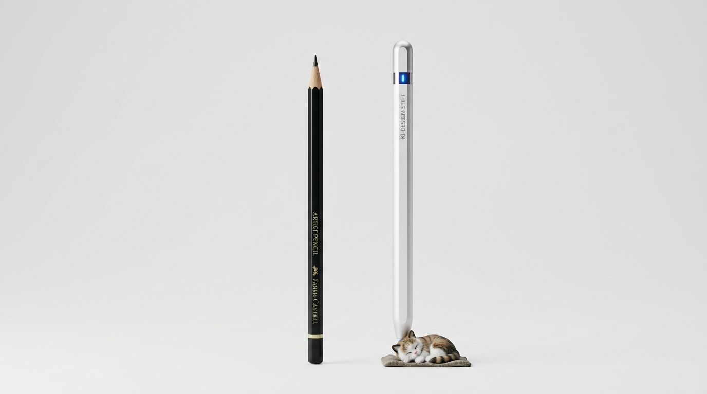 Schwarzer Bleistift, weißer KI-Design-Stift und schlafende Miniaturkatze auf hellem Grund