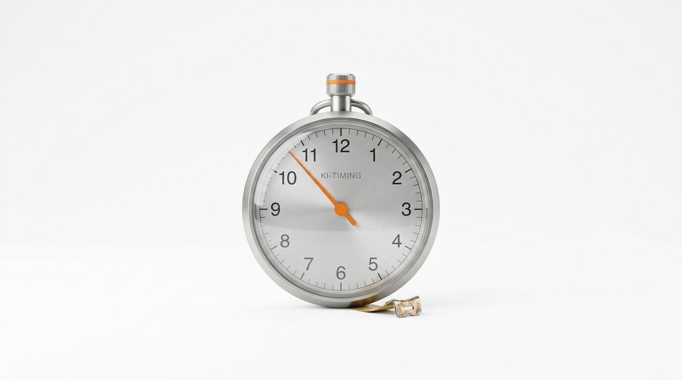 Silberne Taschenuhr mit orangem Zeiger und Aufschrift „KI-TIMING“ auf weißem Hintergrund