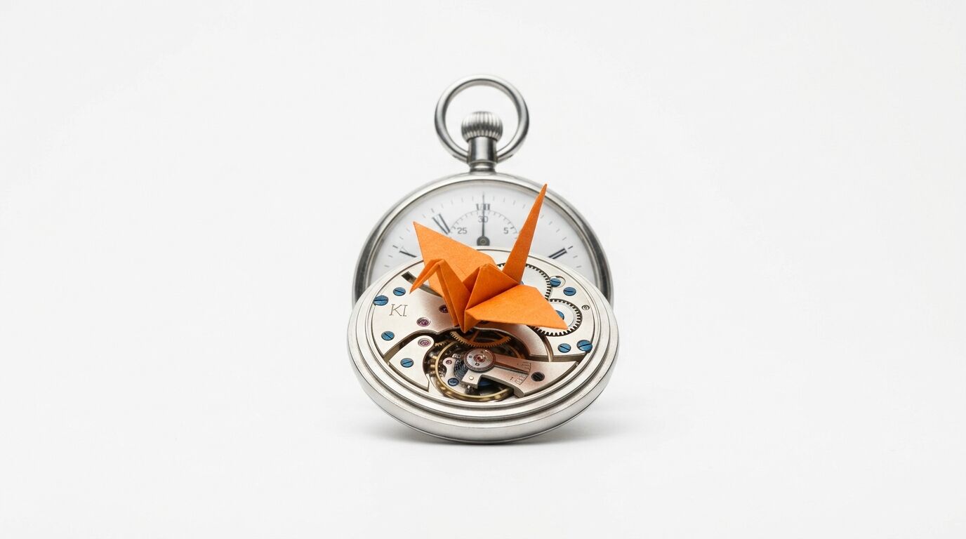 Offene Taschenuhr mit freigelegtem Uhrwerk, darauf ein oranger Origami-Kranich vor weißem Hintergrund