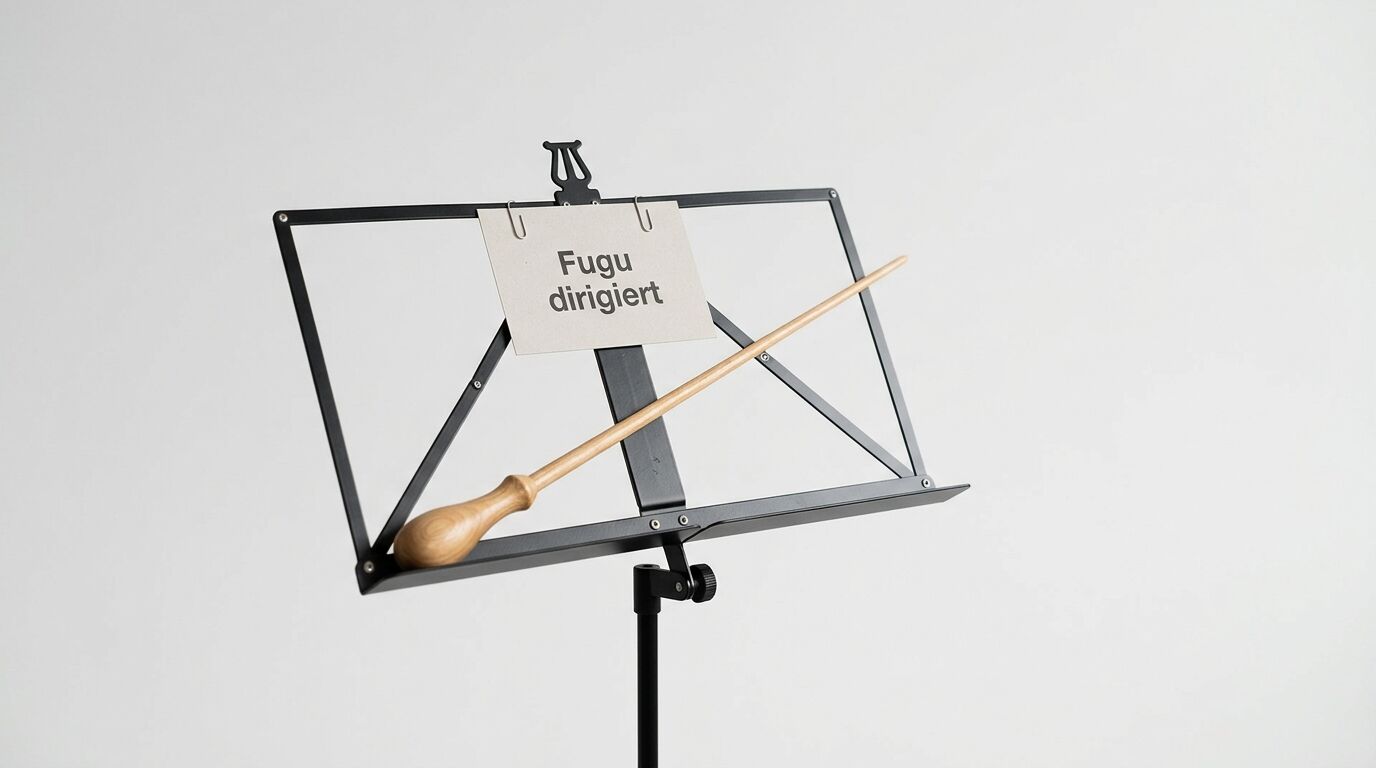 Ein schwarzer Notenständer mit einem Holztaktstock und einer Karte, die „Fugu dirigiert“ zeigt