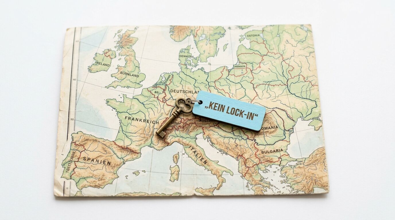 Eine Europakarte mit einem Schlüssel und einem Anhänger mit dem Text „KEIN LOCK-IN“