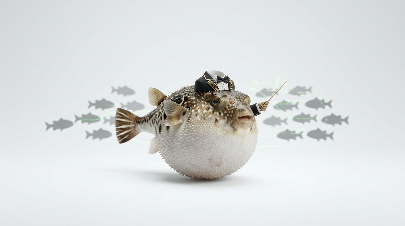Kugelfisch im Anzug mit Taktstock, vor einem Fischschwarm im Hintergrund auf hellem Untergrund