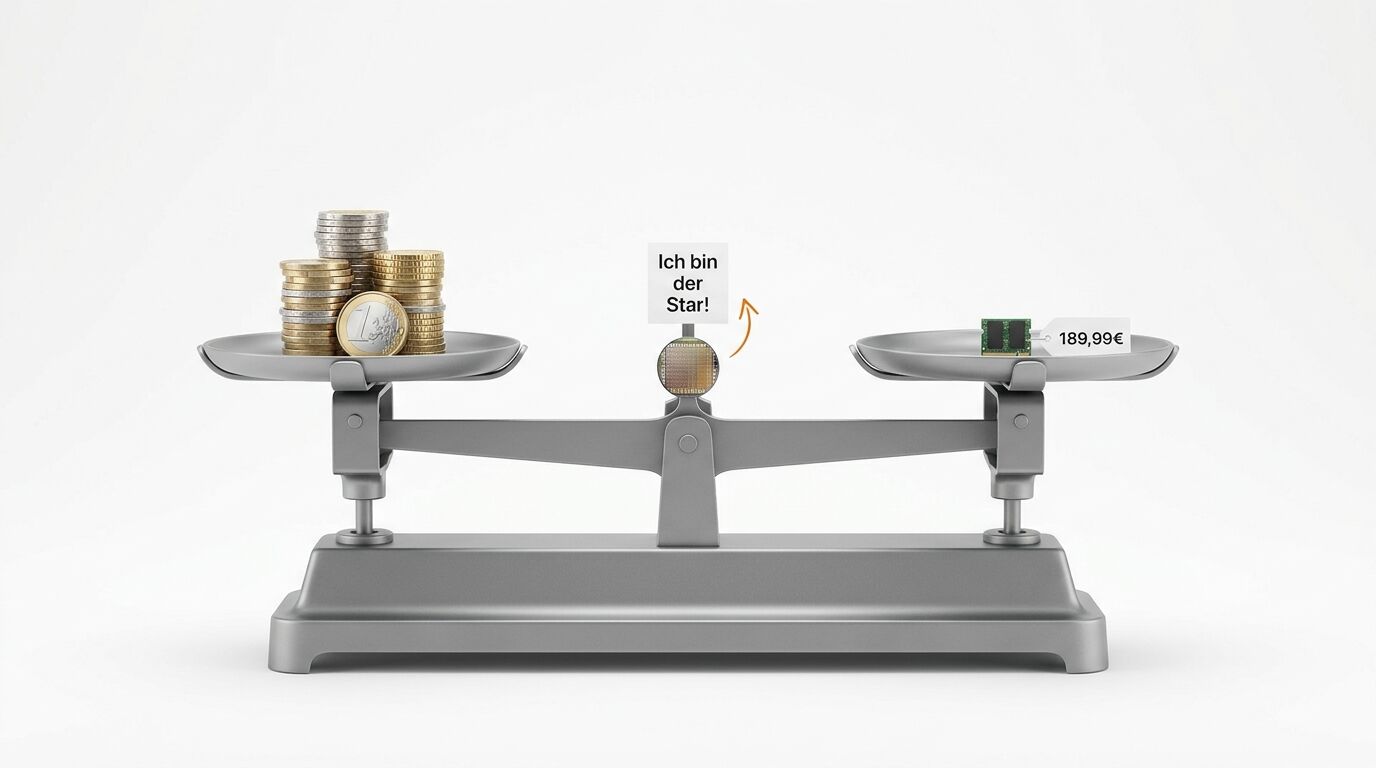 Balkenwaage im Gleichgewicht mit Euro-Münzen links und Arbeitsspeicher-Modul rechts