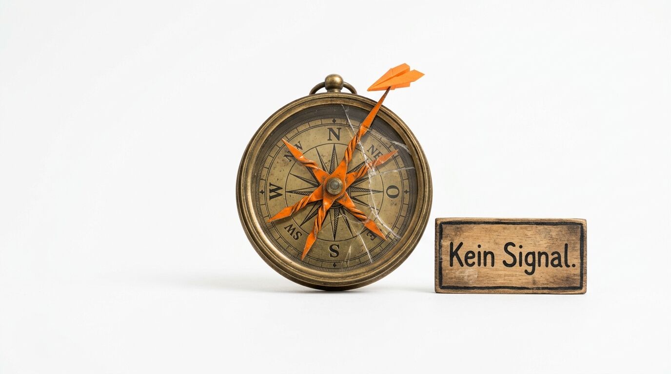 Ein antiker Kompass mit Pfeil aus Papier und ein Holzschild „Kein Signal.“